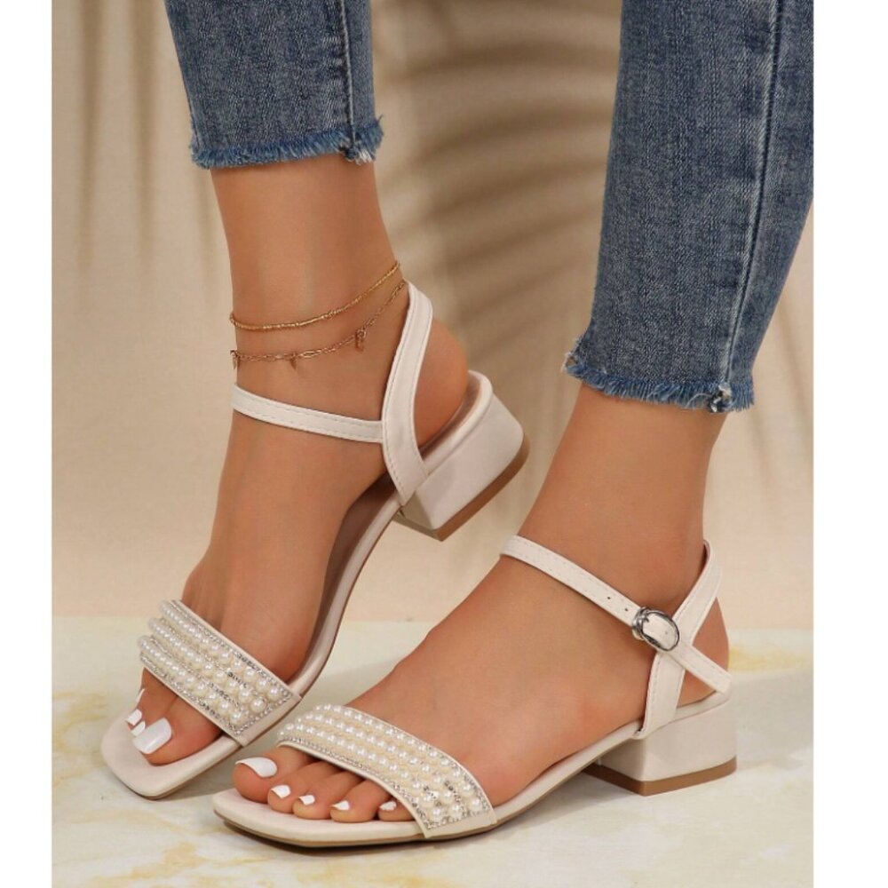 NWOB Mid-Heel Faux Pearl Ankle Strap Sandals With Open Toe sz 9.5